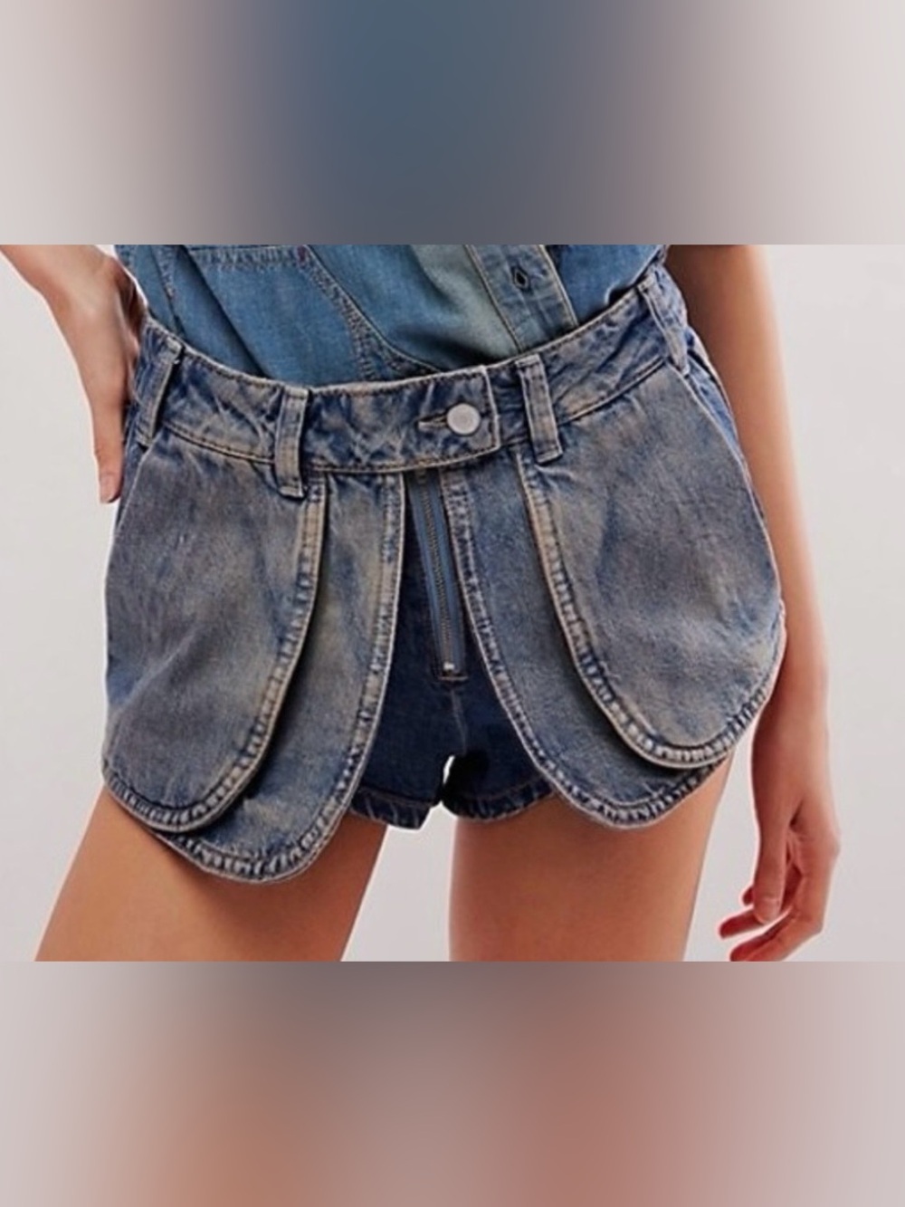 We The Free Distressed Blue Denim Petal-Hem Jean Shorts